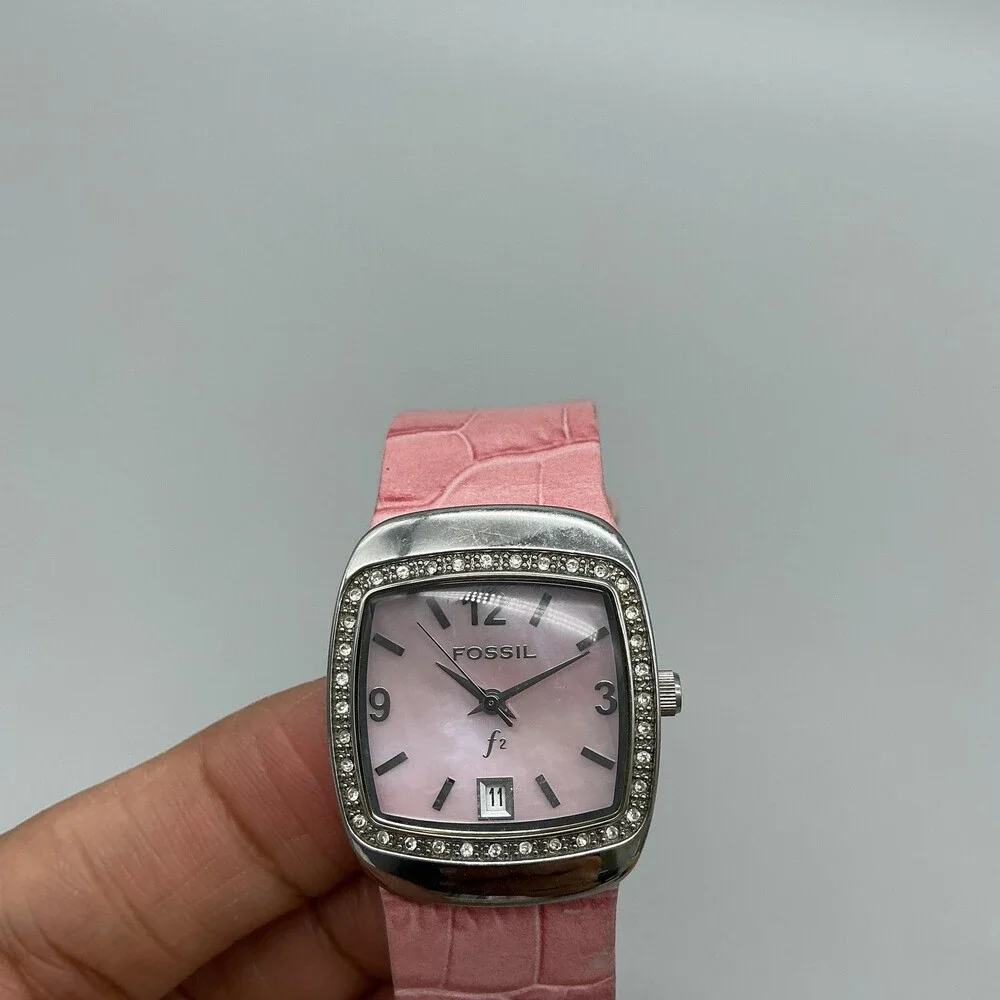 Fossil F2 Womens Watch 25mm Pink MOP Crystals Leather Date ES-9720 New Battery